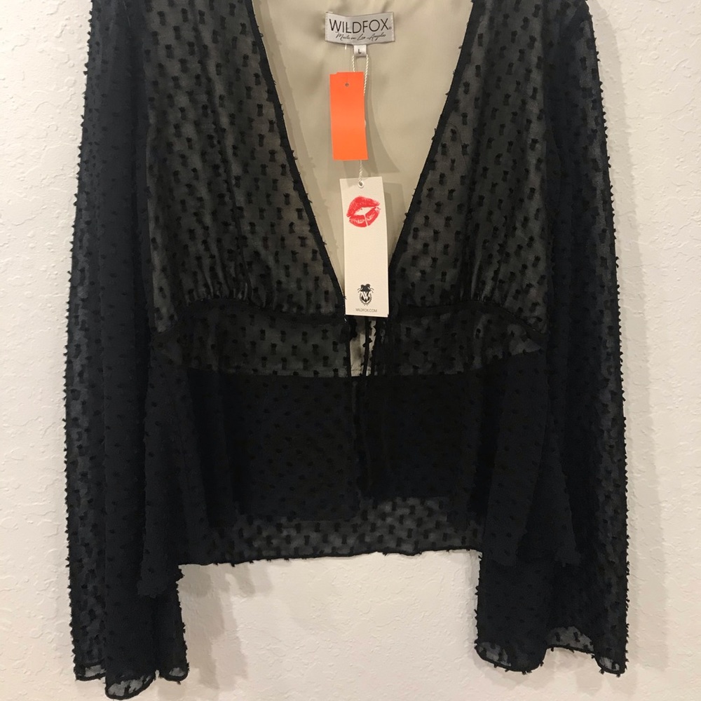 NWT WILDFOX black polka dot sheer tie blouse Lg L